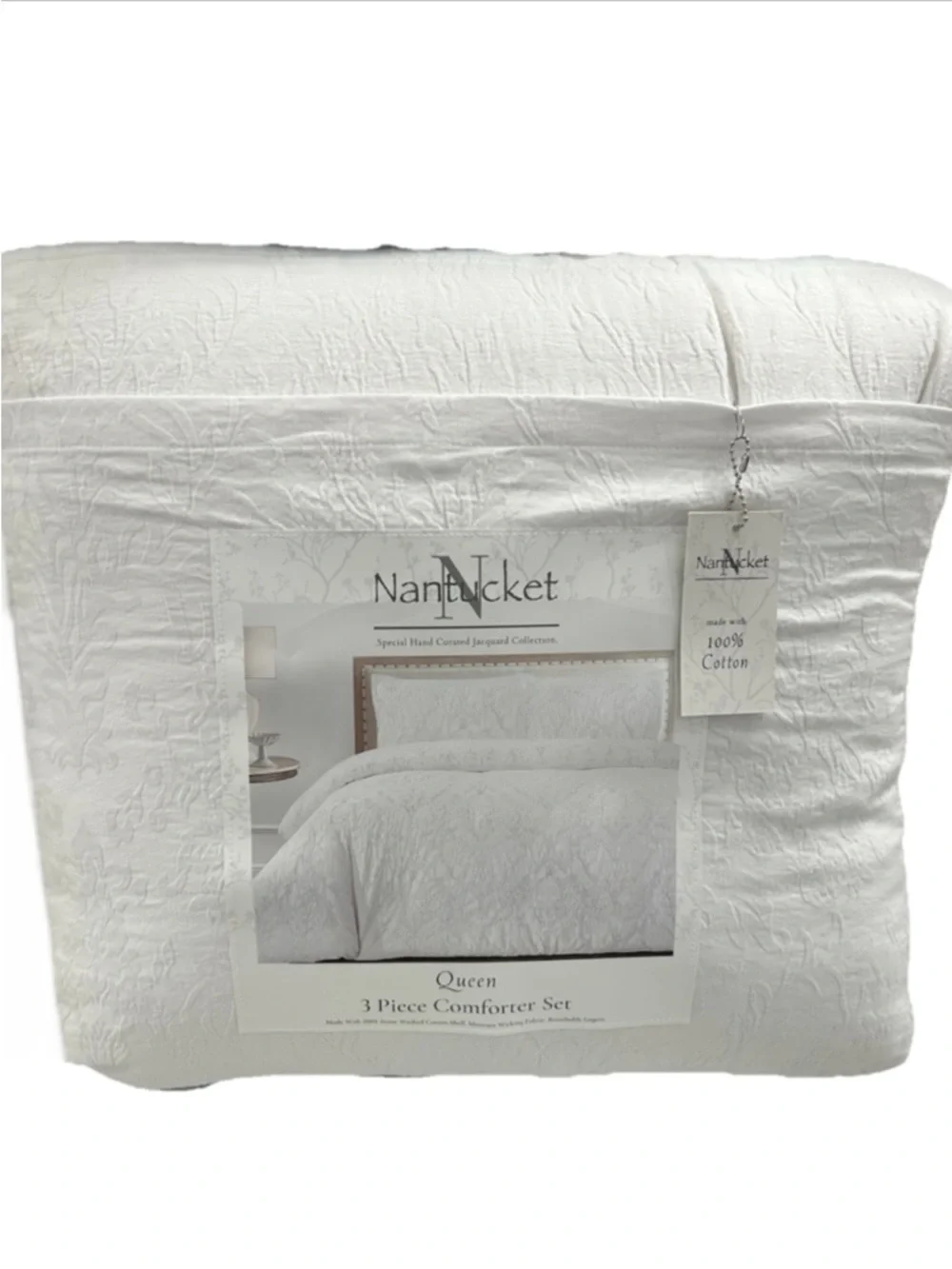 Nantucket Jacquard White Stone Washed Cotton Queen Comforter Set 90”x90”